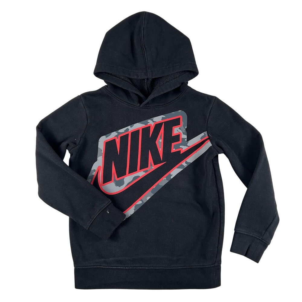 Nike Hoodie Kids 5-6 YRS Black Fleece Pullover Graphic Camo Logo Sweatshirt